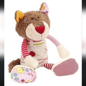 Sigikid Plush Cat Stuffed Animal Patchwork with Red and White Stripes